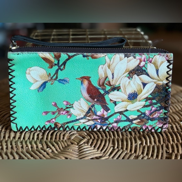 TEAL LEATHER WALLET w/t BIRDS - Picture 2 of 4